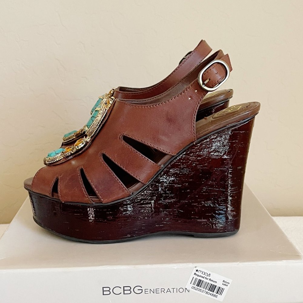New BCBGeneration Sandals Drama Brown Turquoise Bead Stone Platform Wedge Sz 6 - Picture 9 of 13